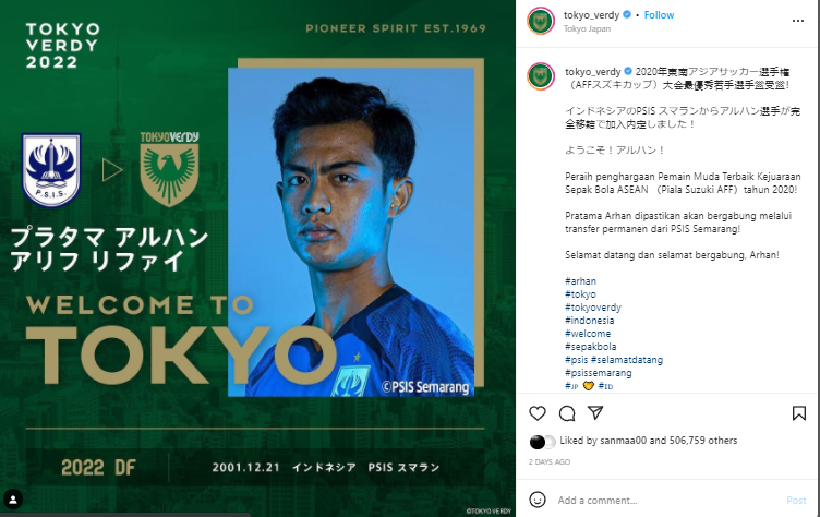 Pemain Jepang Takjub Follower Tokyo Verdy Tembus 337.000 Usai Rekrut Arhan