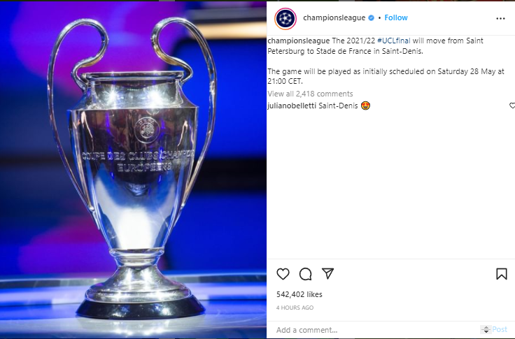 UEFA Resmi Pindahkan Lokasi Venue Final Liga Champion ke Paris, Prancis